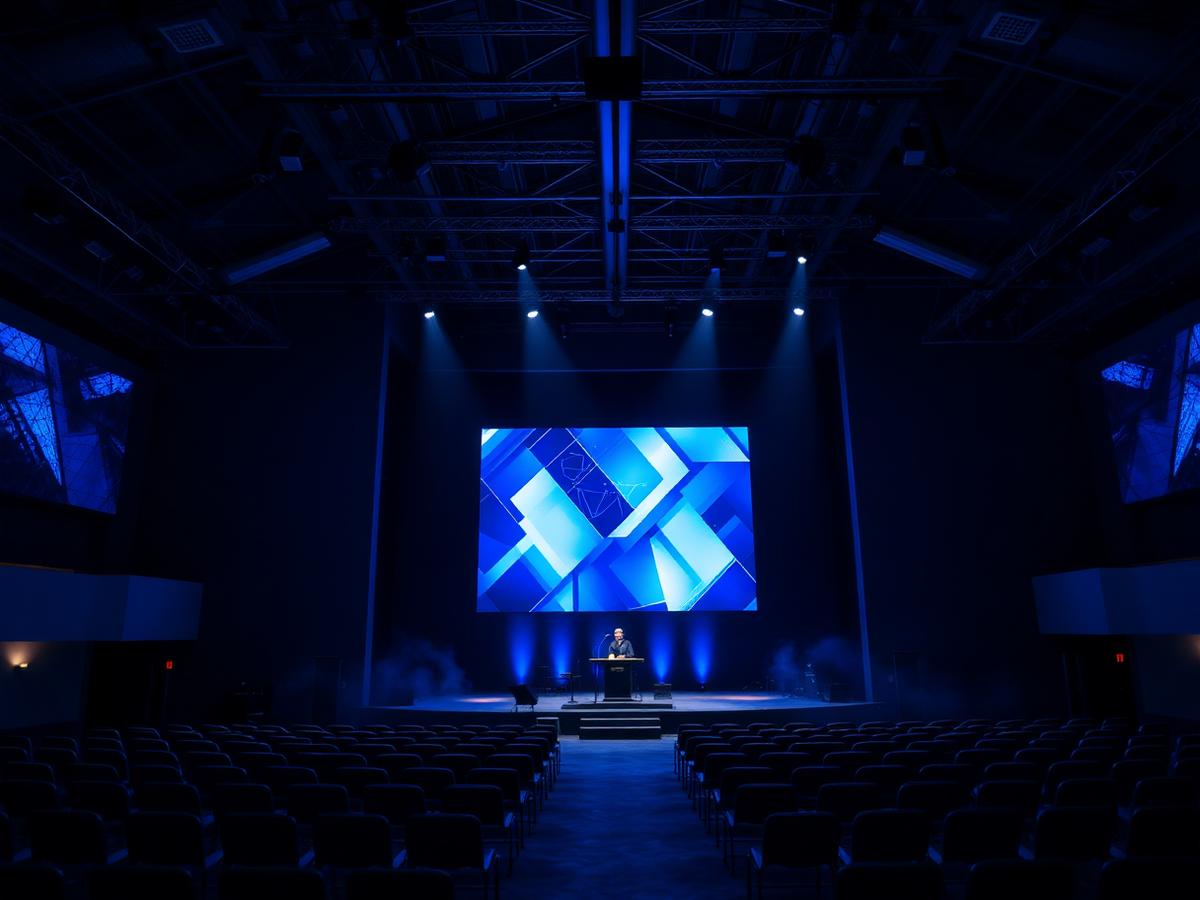 Sanctuary install with blue stage visuals